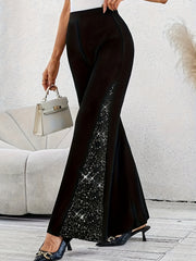 Plus Size Flare Pants Casual Polyester Knit Sequin Splicing All Seasons