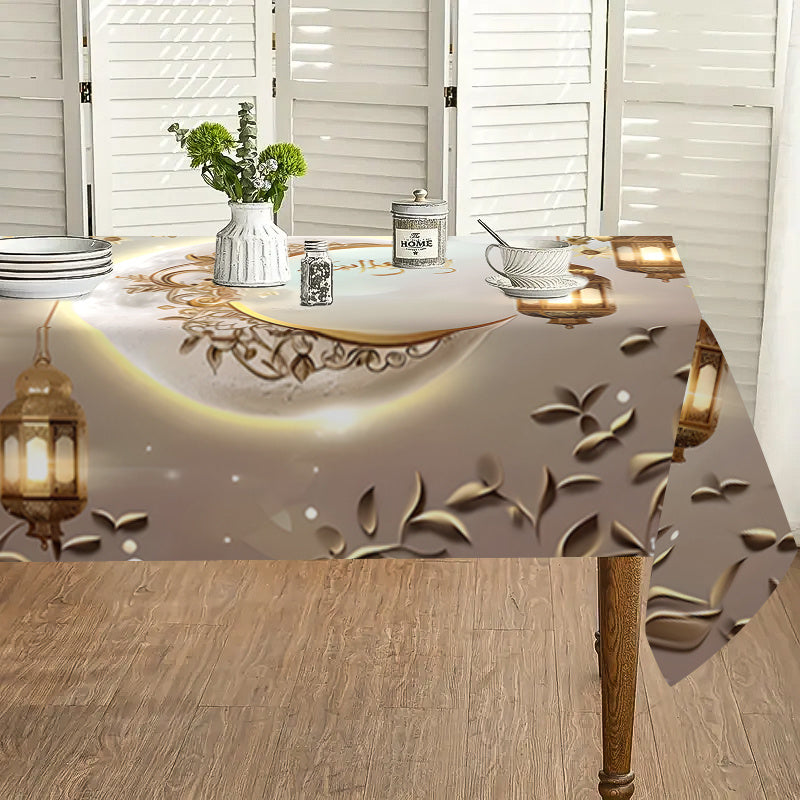 Eid Al Fitr Polyester Square Waterproof Stain-Resistant Tablecloth with Golden Moon and Lantern Pattern