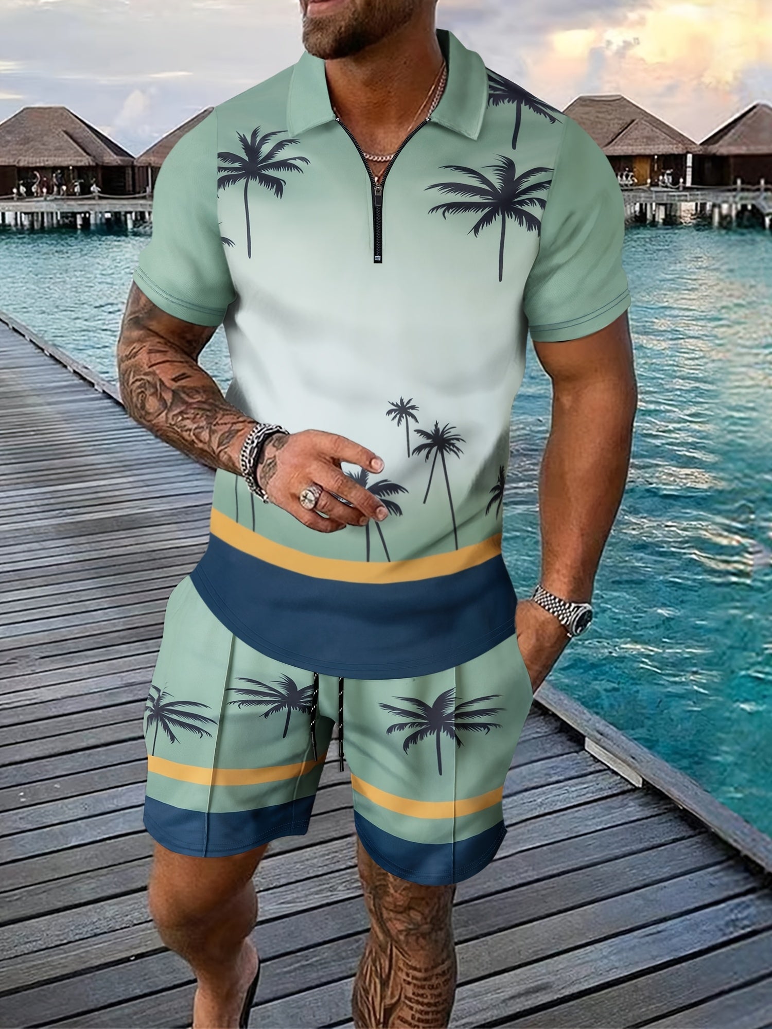 Men's Summer Knit Polyester Palm Tree Print Shirt and Shorts Set Zipper Turn-Down Collar Casual Beachwear