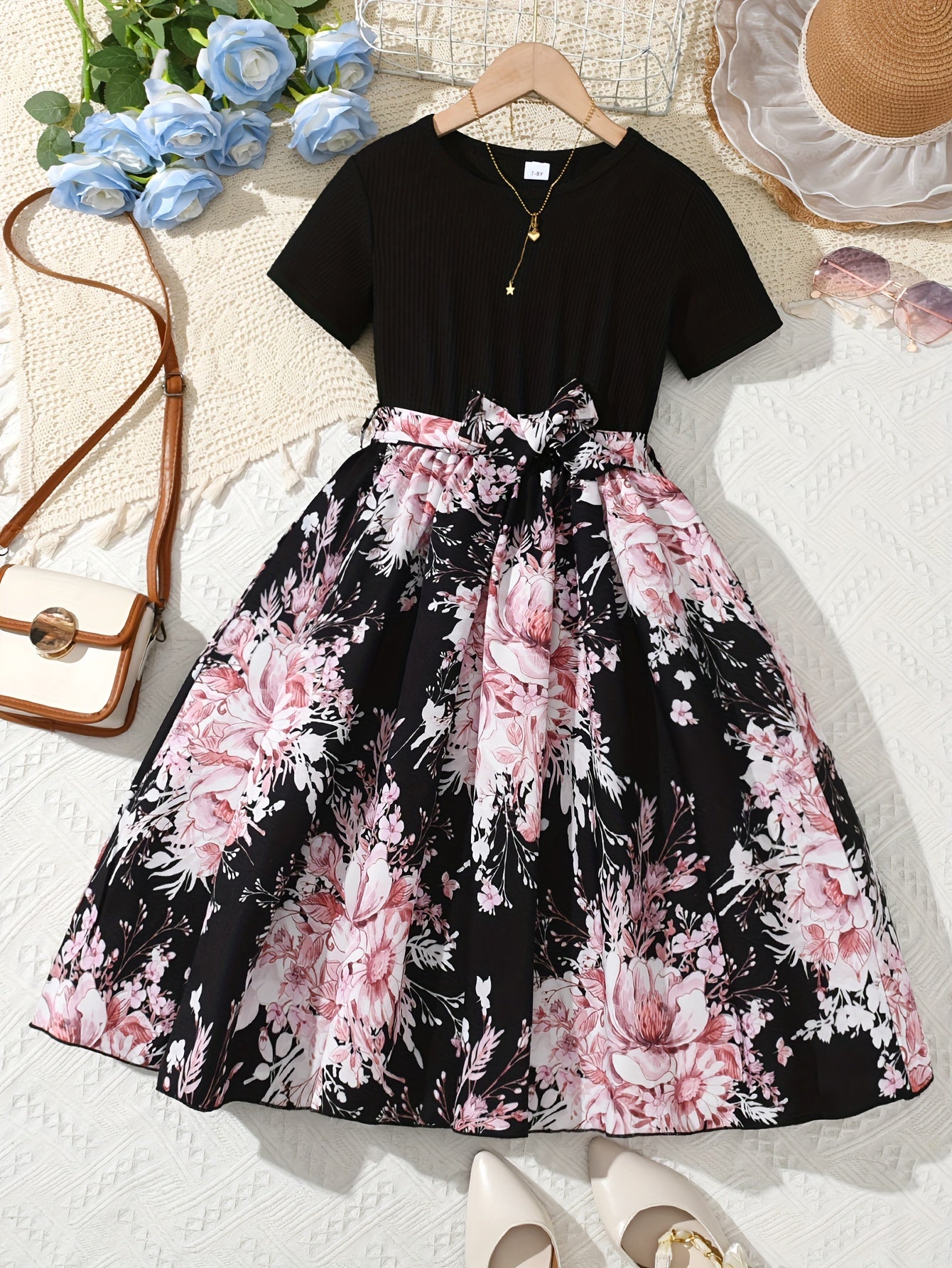 Girls Summer Blue Floral Spliced Knee High Dress with Belt and Short Sleeves