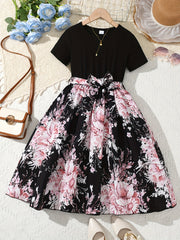 Girls Summer Blue Floral Spliced Knee High Dress with Belt and Short Sleeves