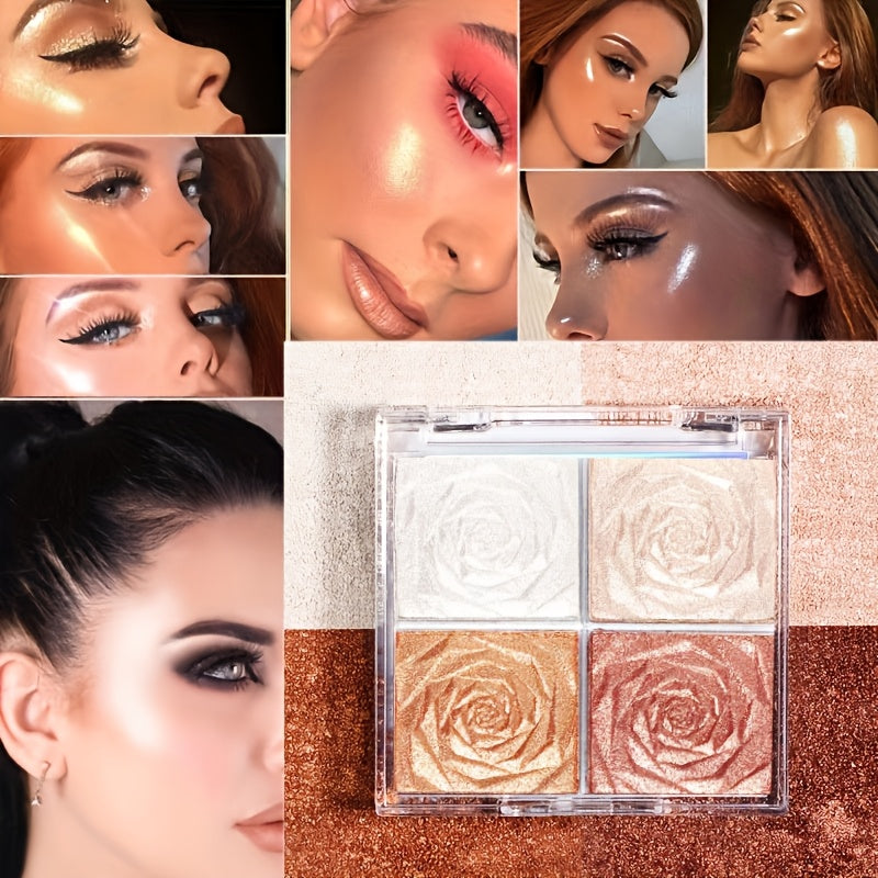 Paleta de iluminador de 4 tonos para mujer con contorno de rubor y acabado con purpurina