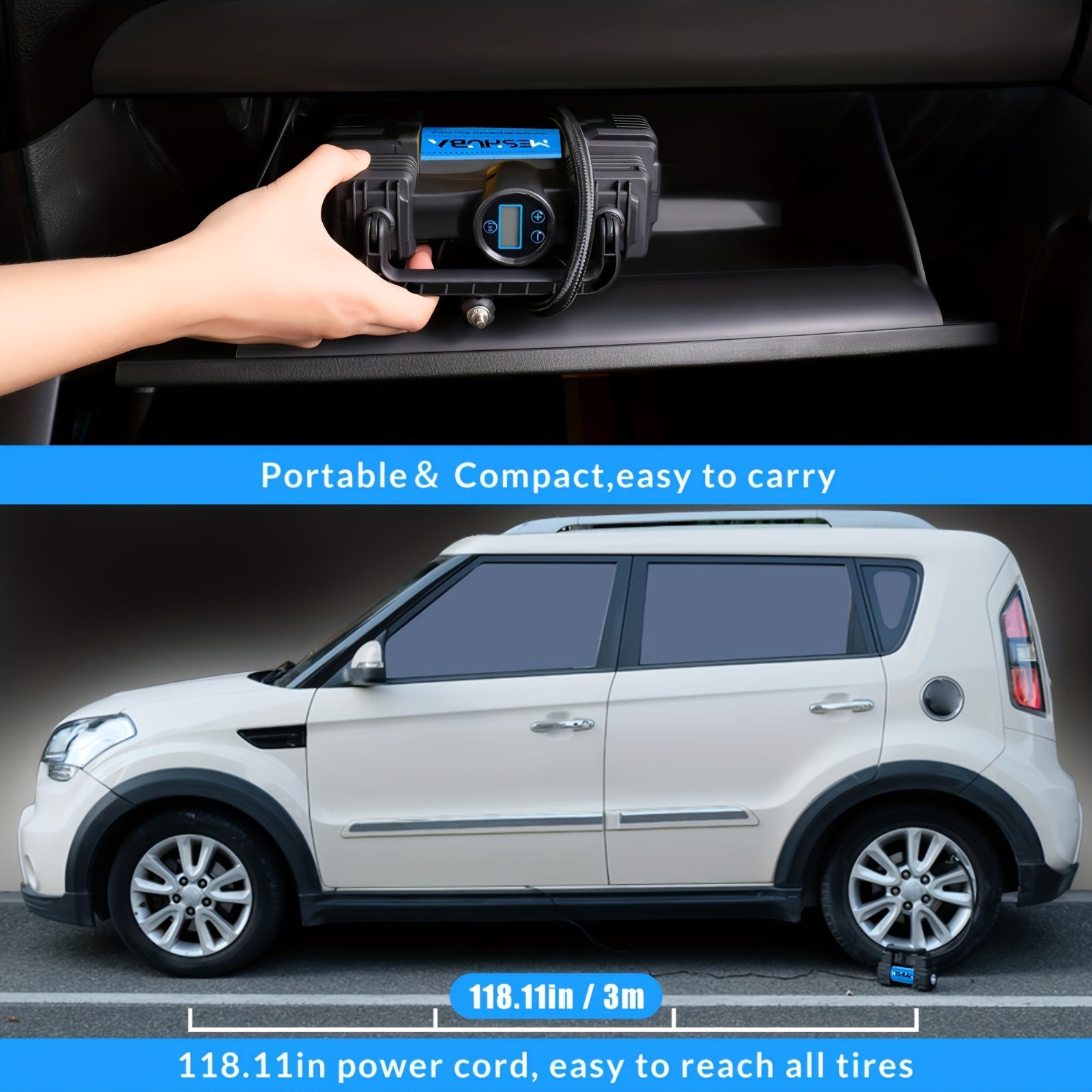 12V Portable Tire Inflator Blue with Digital Pressure Gauge and Car Plug