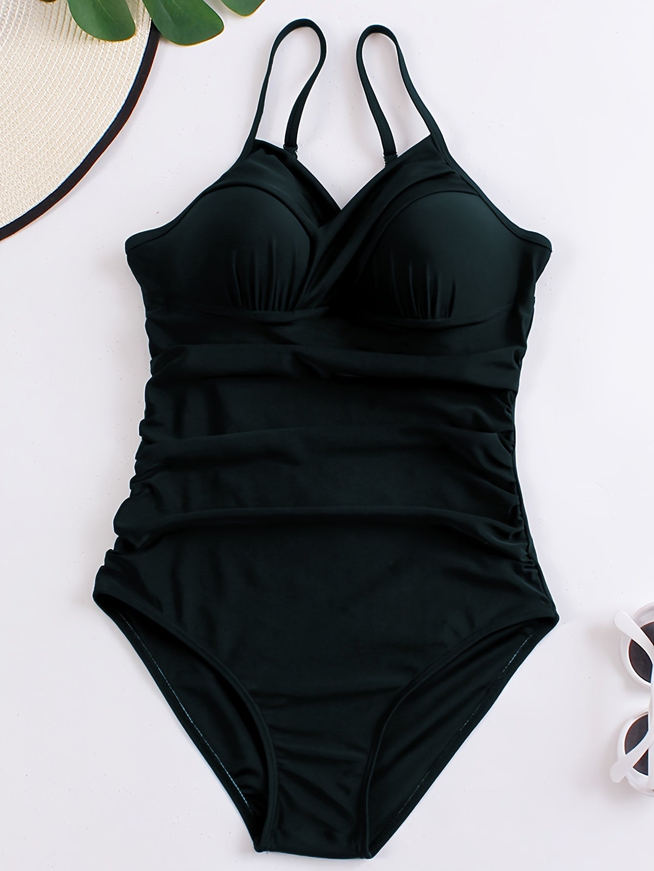 Women's Solid Color One-Piece Swimsuit with Ruched Cross Front and Push-Up Chest Pad