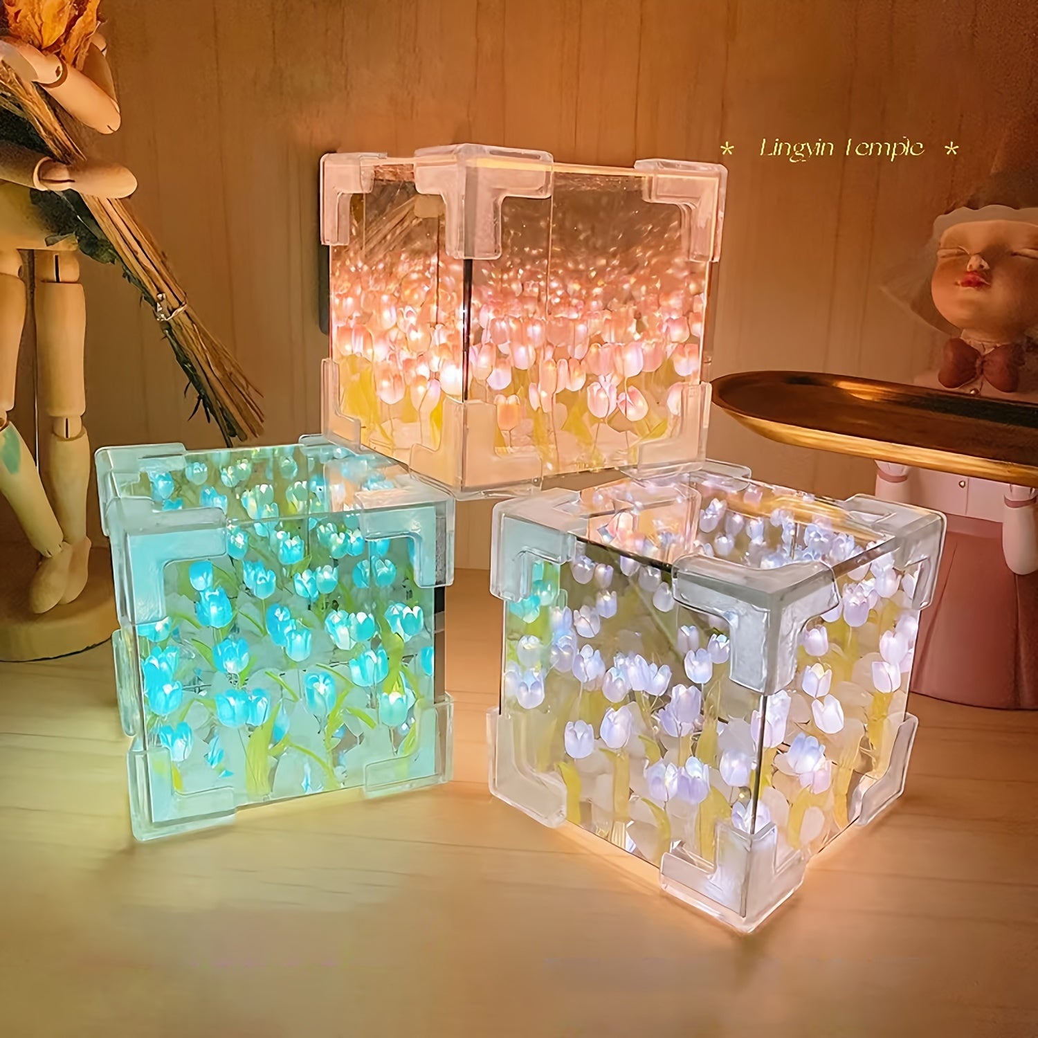 Glass Tulip Night Light Cube Table Lamp for Bedroom Decor Battery Powered
