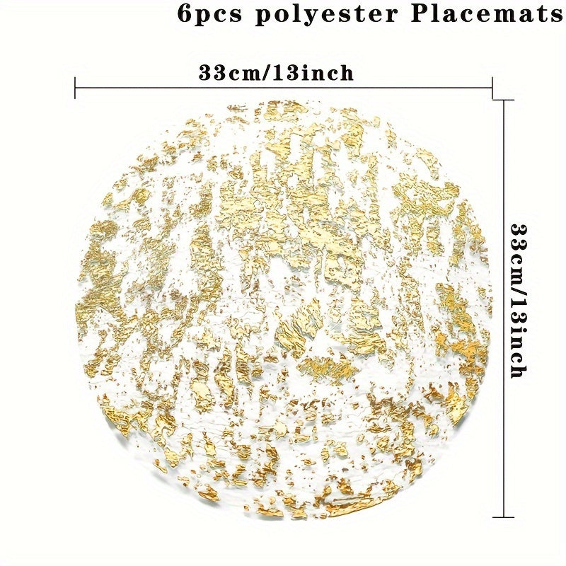 6pcs Gold Foil Round Polyester Placemats 33cm for Christmas and Special Occasions