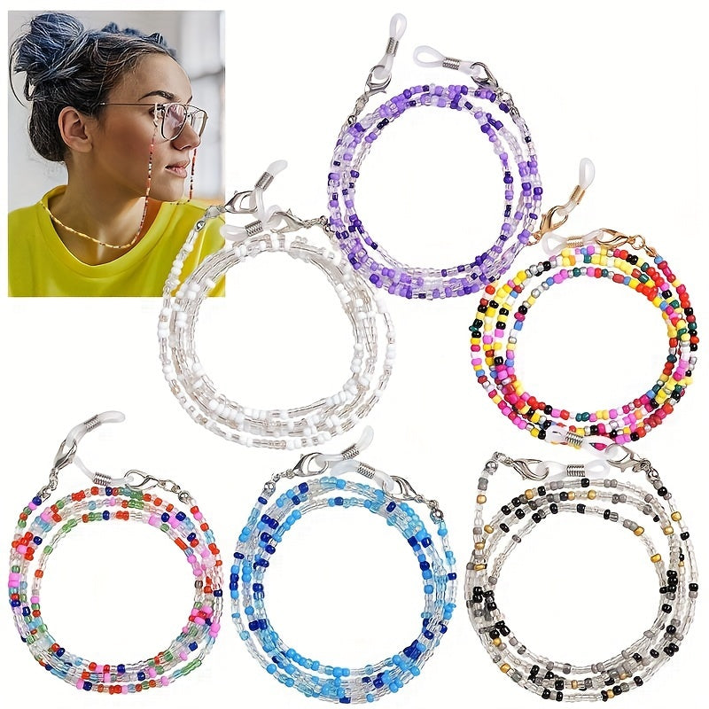 Set of 6 Beaded Eyewear Chains with Anti-Slip Feature for Glasses and Masks in Vibrant Colors