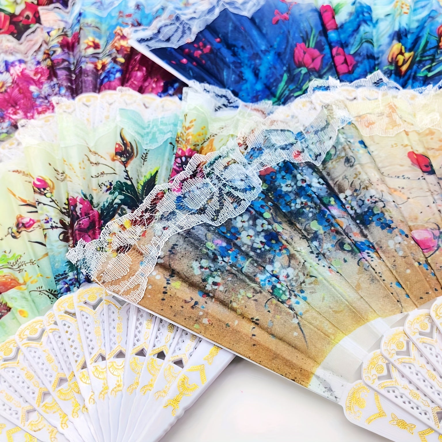 6 ta Vintage Dantel Qiyshaytirilgan Ventilyatorlar - Chiroyli Gullar naqshi, Lenindan tayyorlangan, To'ylar va Partiyalar uchun ideal