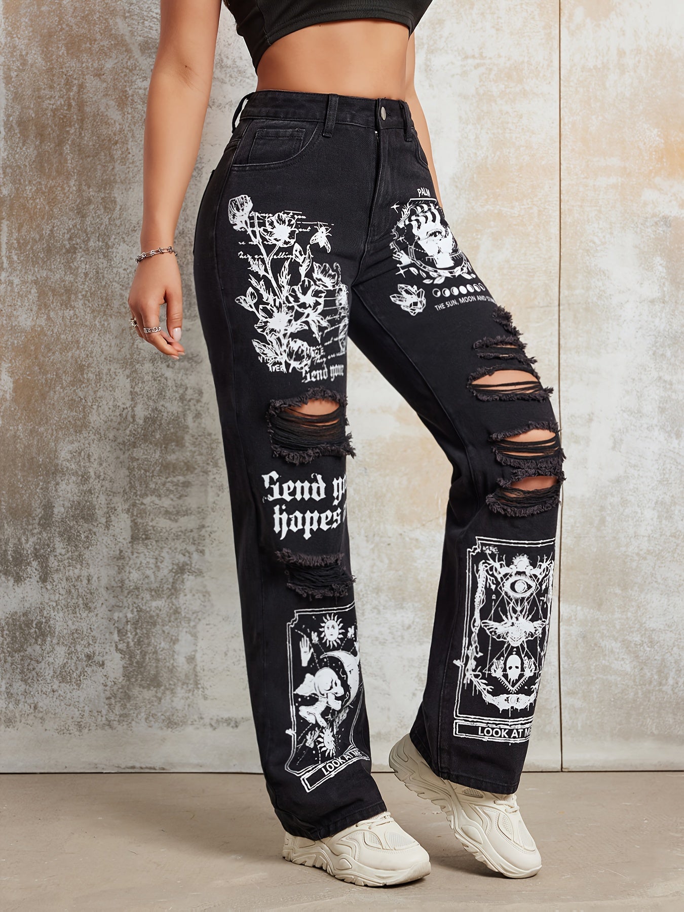 High Waist Denim Pants with Cartoon Pattern Ripped Straight Leg for Casual Wear