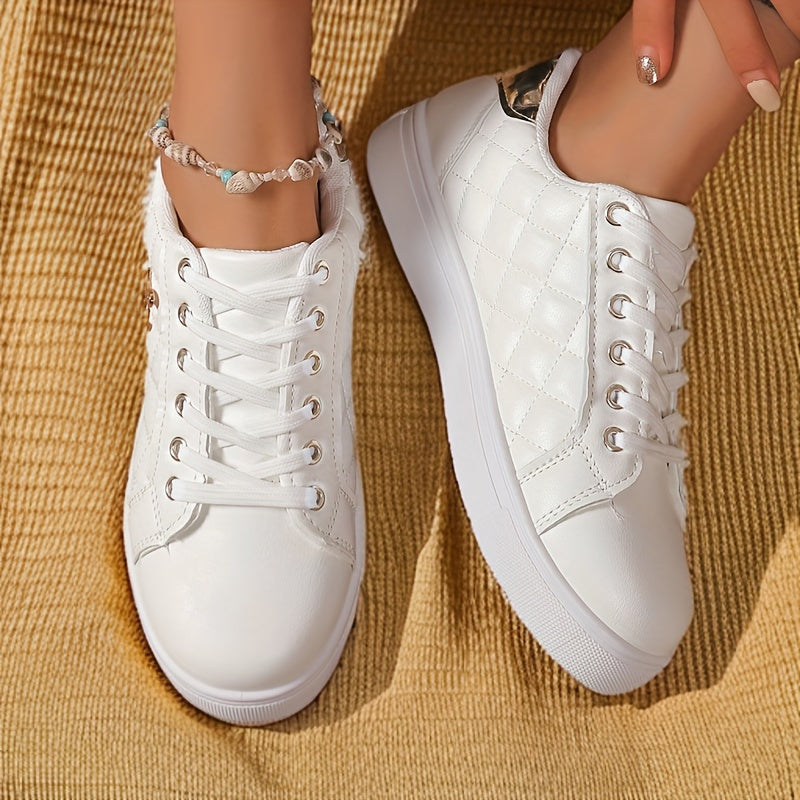 Women's White Lace-Up Sneakers Casual Low Tops Durable Rubber Sole