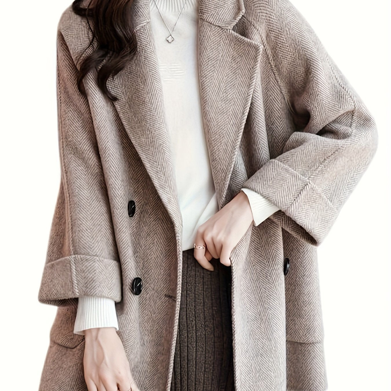 Women's Light Blue Striped Trench Coat with Pockets Long Sleeves Fall Winter Casual Textured Fabric