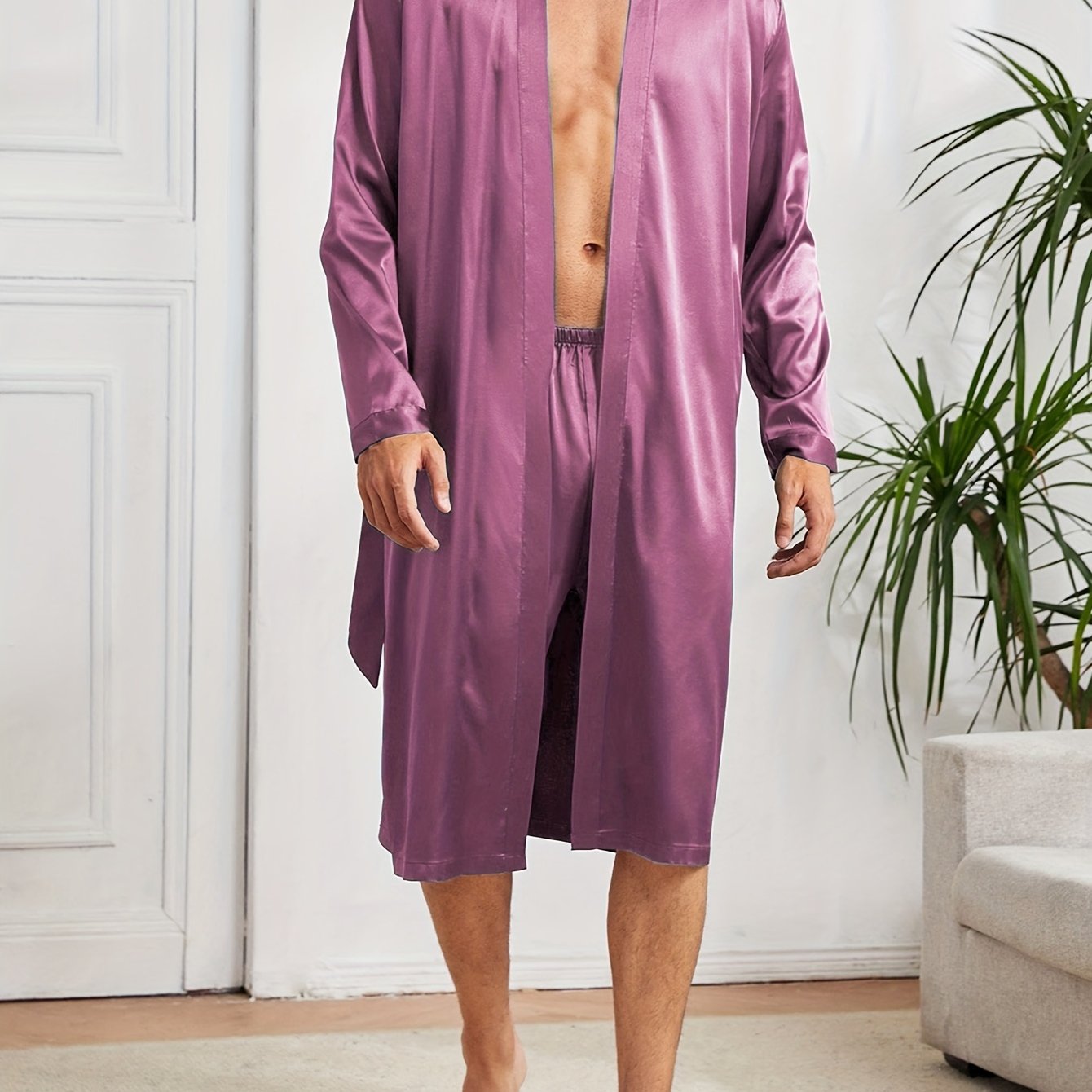 Men's Satin Casual Pajama Sets with Solid Robe and Loose Shorts