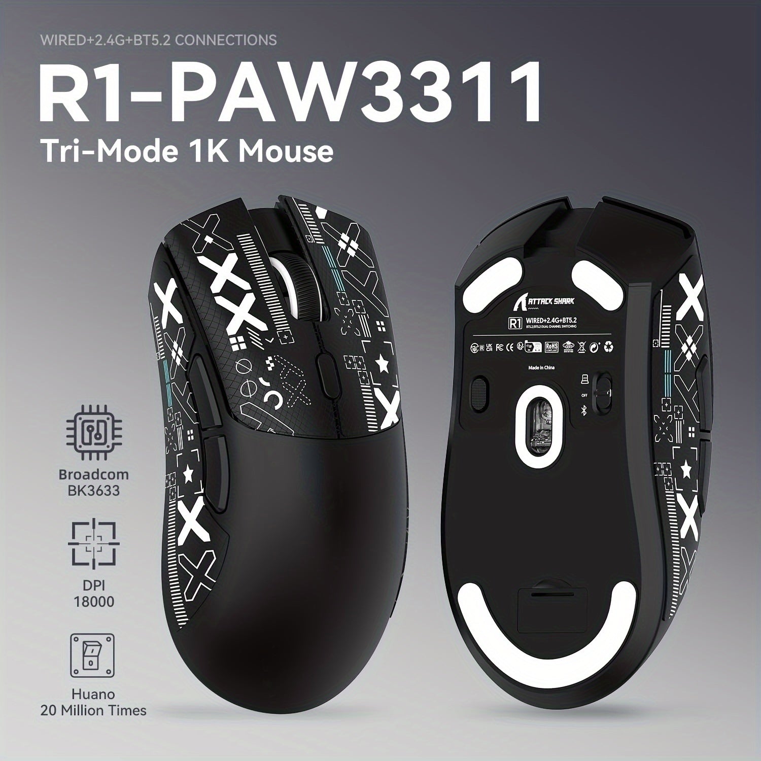 Wireless Gaming Mouse 18K DPI Optical Ambidextrous Ultralight 59g Tri-Mode Connectivity