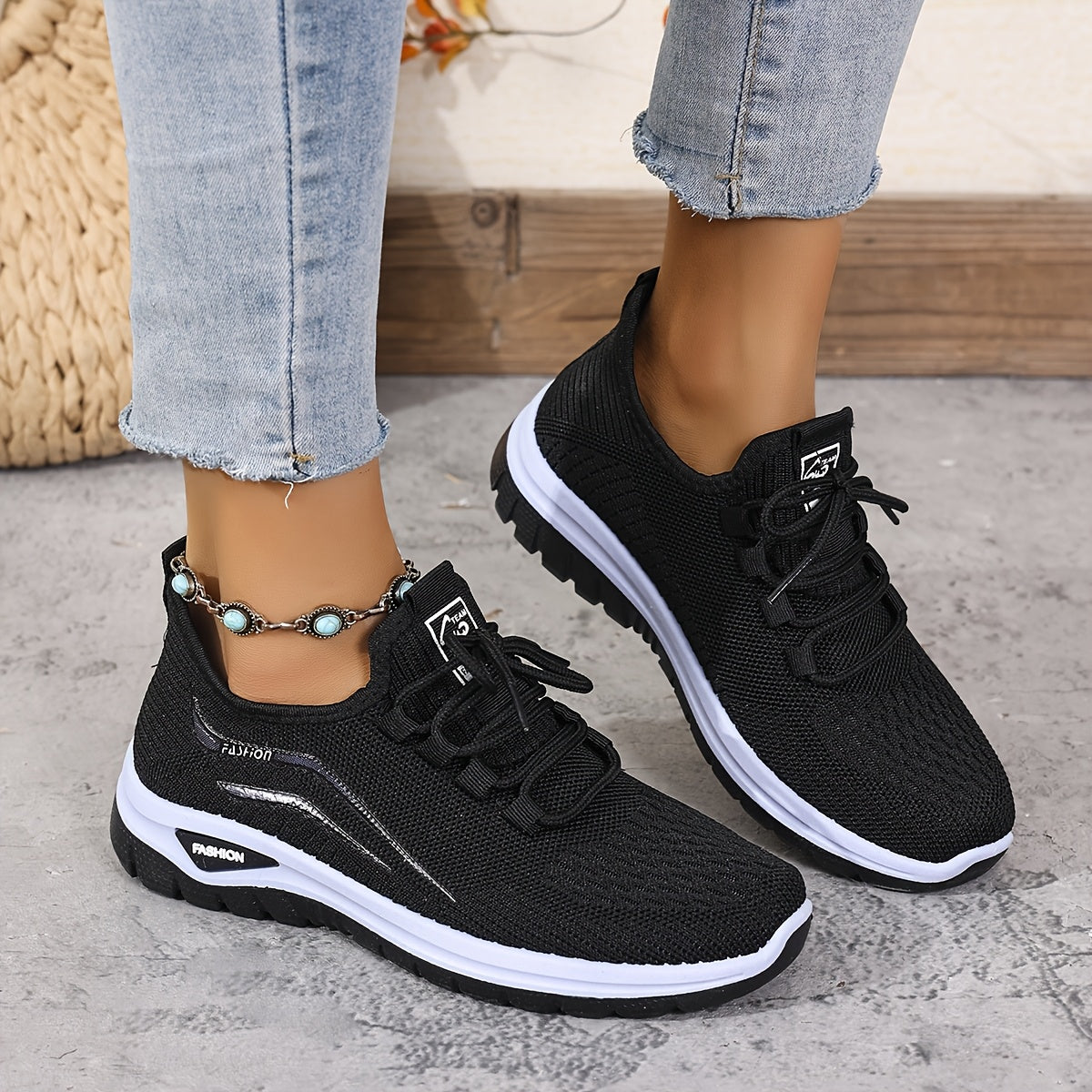 Women's Knitted Running Shoes with Lace-Up, Double-Layer Sole for Walking