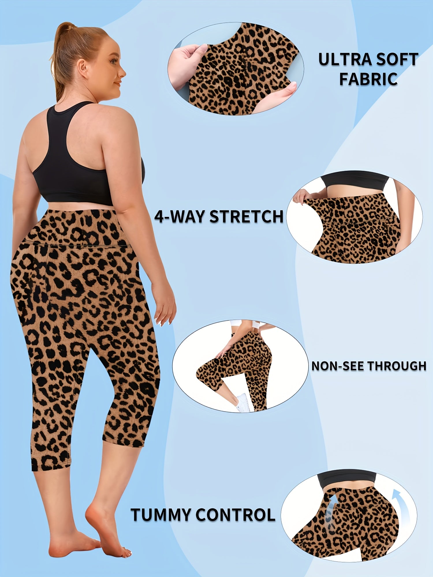 Women's Leopard Print Capri Leggings Plus Size Stretchy Comfortable | 3/4 Length