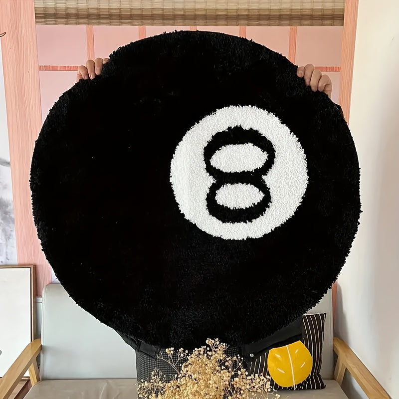 Black Round Rug Plush Bathroom Mat 8-Ball Pattern Non-Slip Floor Decor