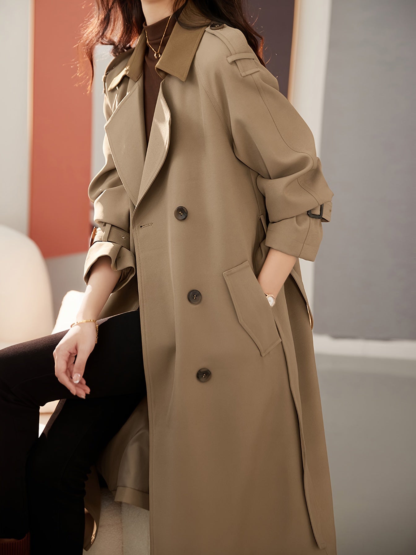 Solid Color Belted Windbreaker for Women Spring Autumn Fashion Coat