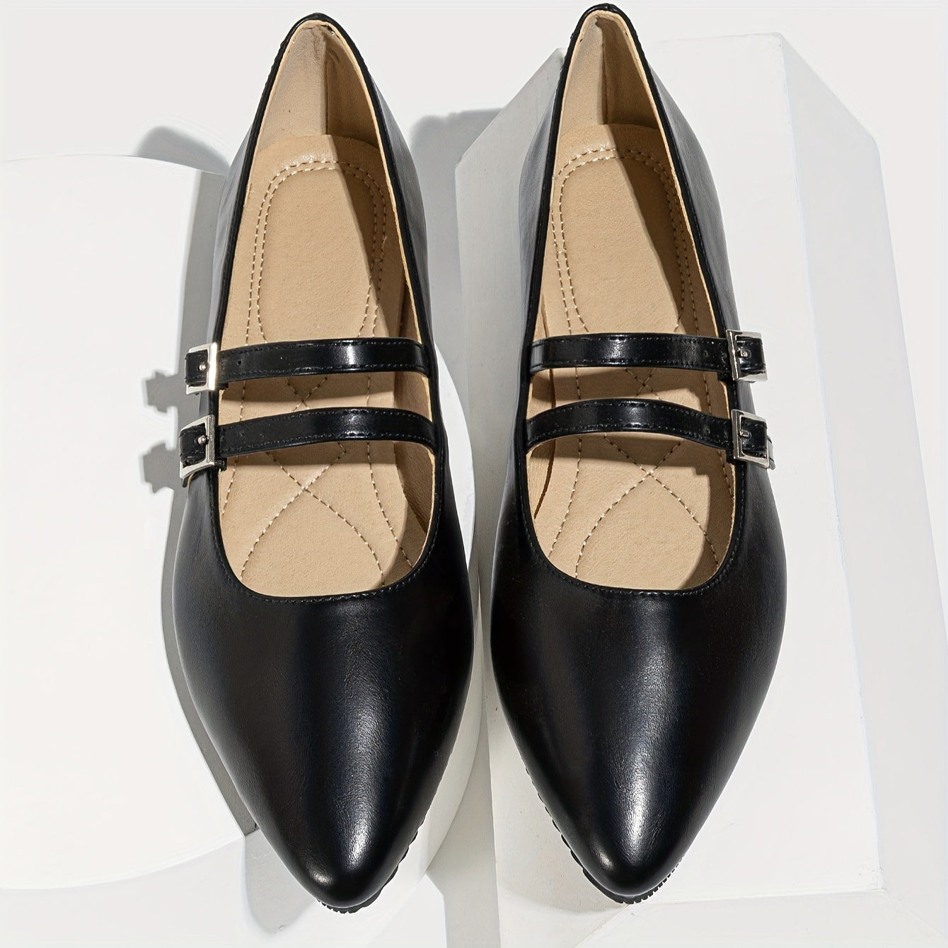 Zapatos planos negros estilo francés Mary Jane para mujer con punta puntiaguda y diseño slip-on