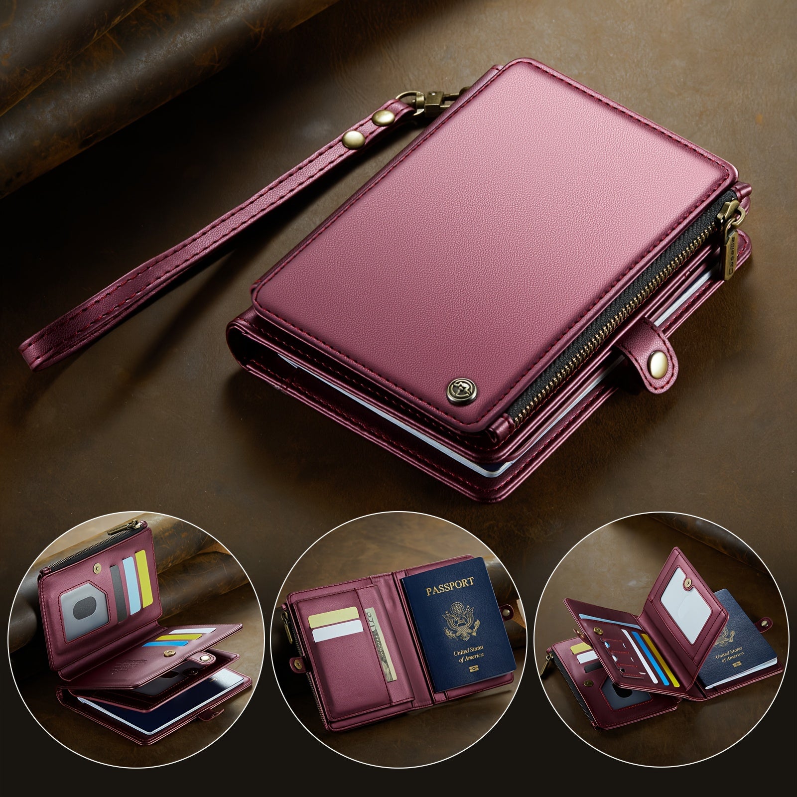 Faux Leather Passport Organizer with Zipper Coin Purse 11 Card Slots Cash Slots and Protective Cover