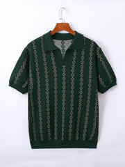 Men's Short Sleeve V-Neck Knit Sweater with Geometric Pattern for Fall Winter Casual