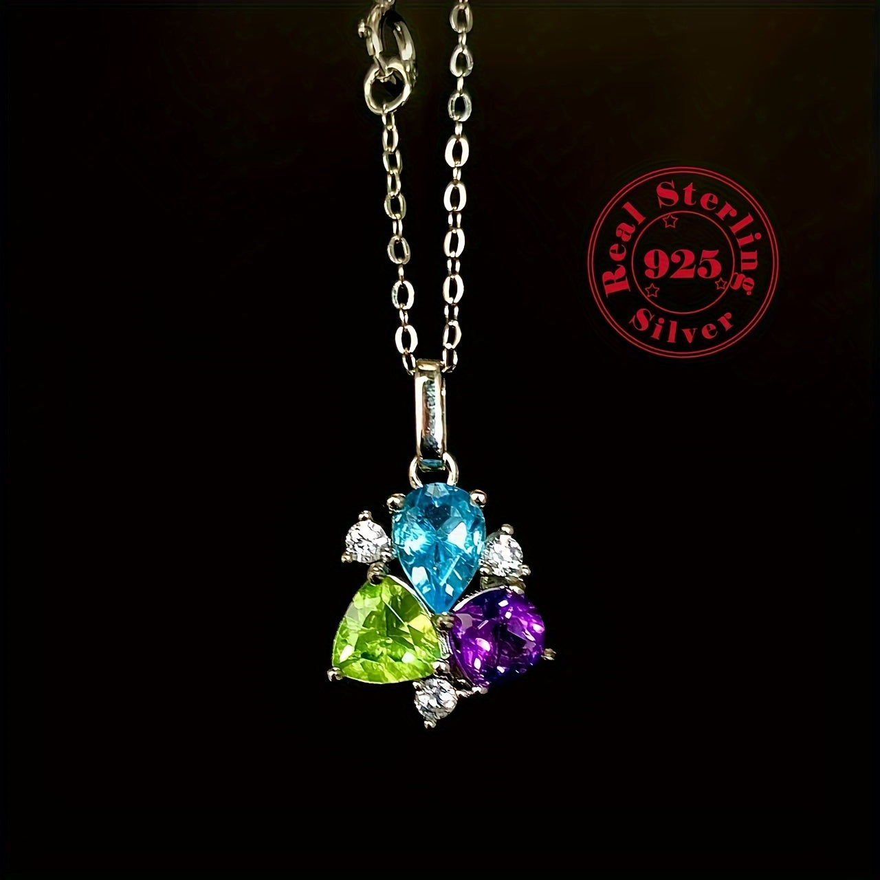 Sterling Silver Tri-Color Gemstone Necklace with Topaz Peridot Amethyst Birthstone Jewelry for Women