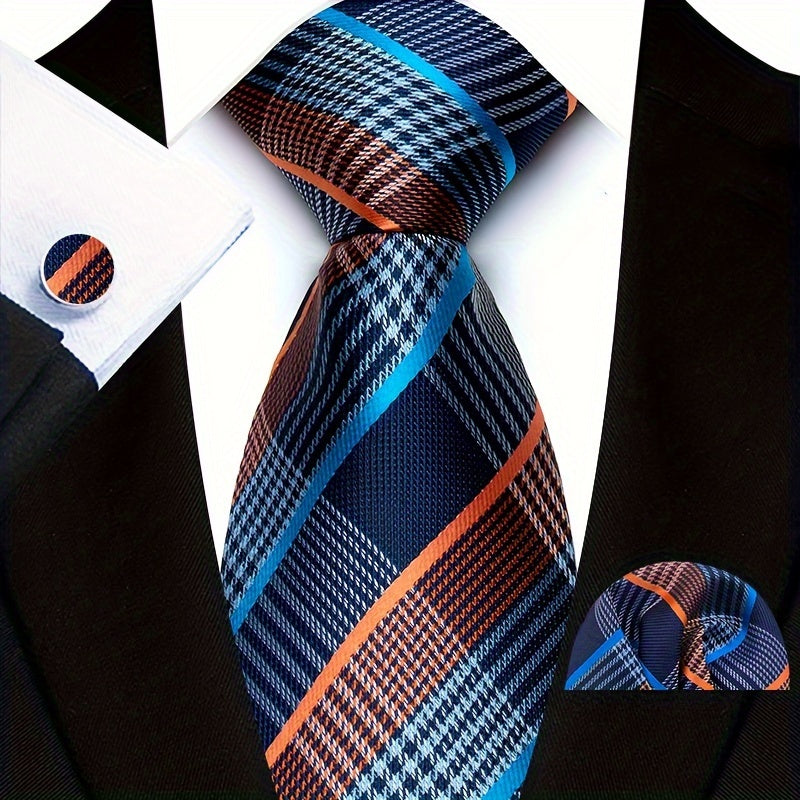 Men's Business Tie, Handkerchief, Cufflinks Set in Plaid and Stripe Designs