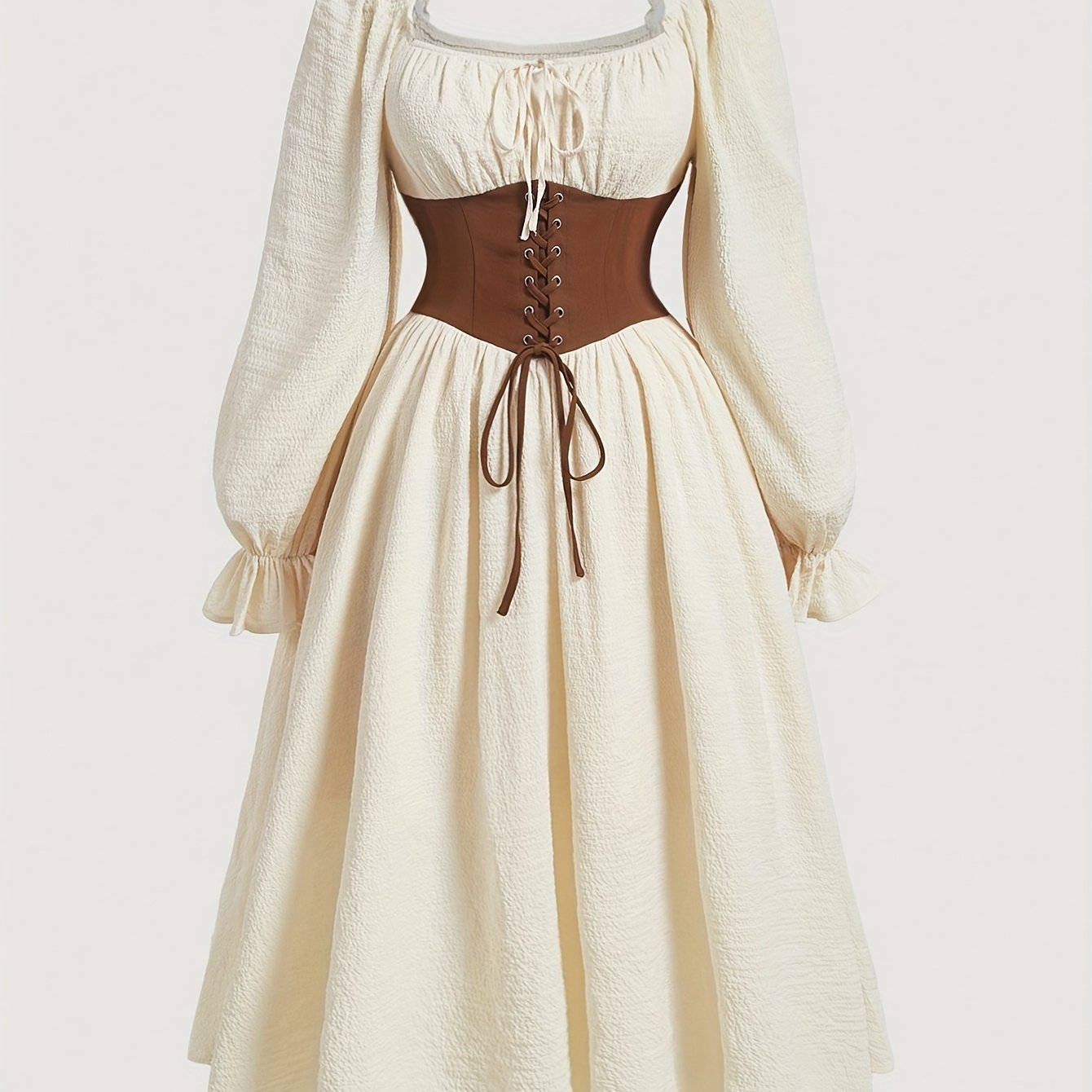 Plus Size Long Sleeve Dress with Square Neck Asymmetrical Hem Beige Brown Color Block