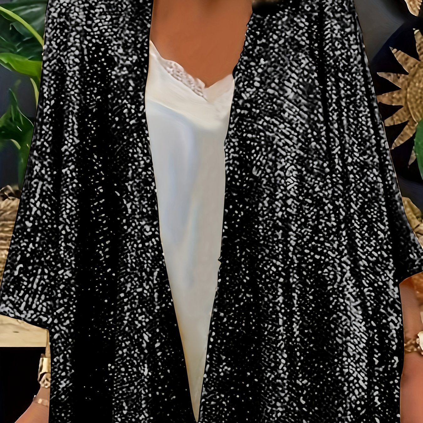 Plus Size Women's Sequin Sleeve Blouse Vivid Red Open Front Casual Formal