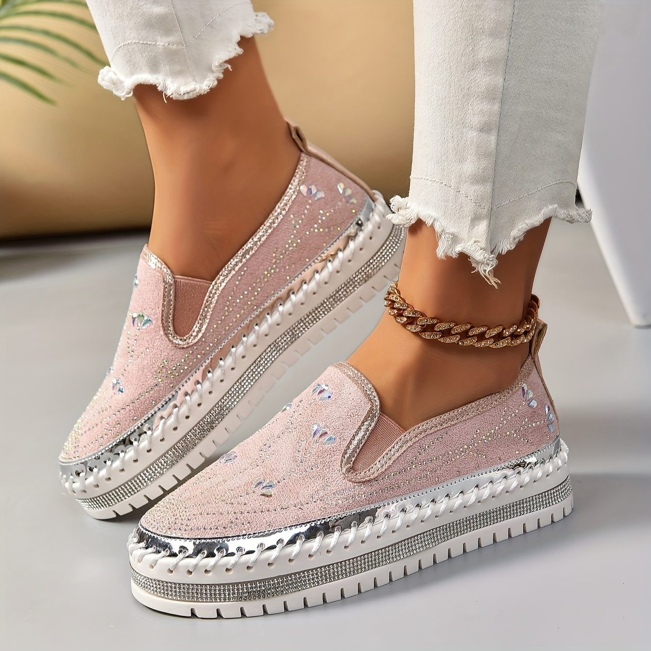 Women's Pink Glitter Slip-On Loafers with Rhinestones and Thick Sole