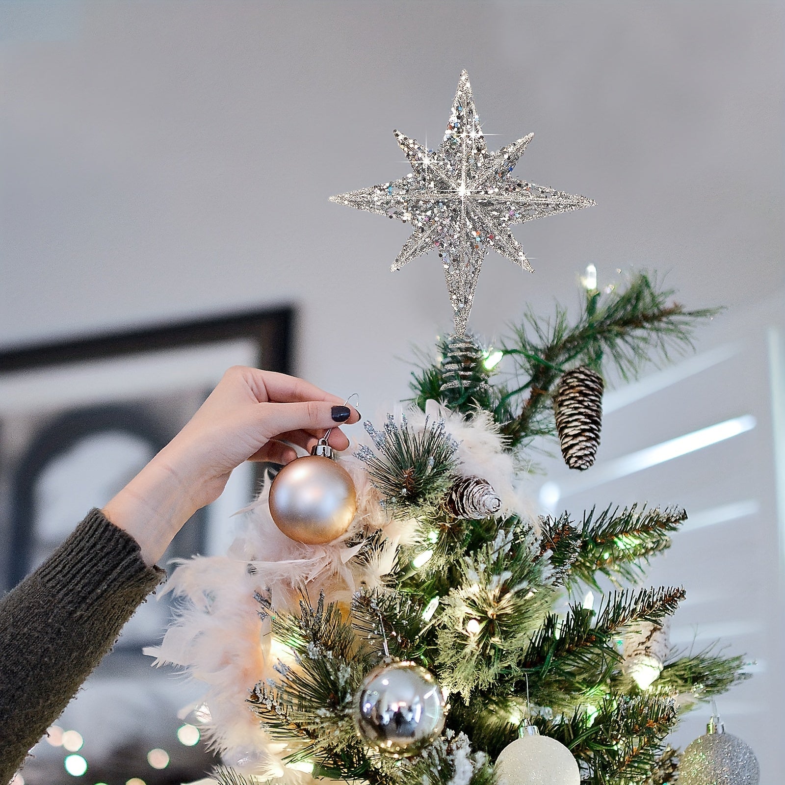 Adorno para árbol de Navidad de 8 pulgadas en oro y plata con purpurina para decoraciones en el hogar