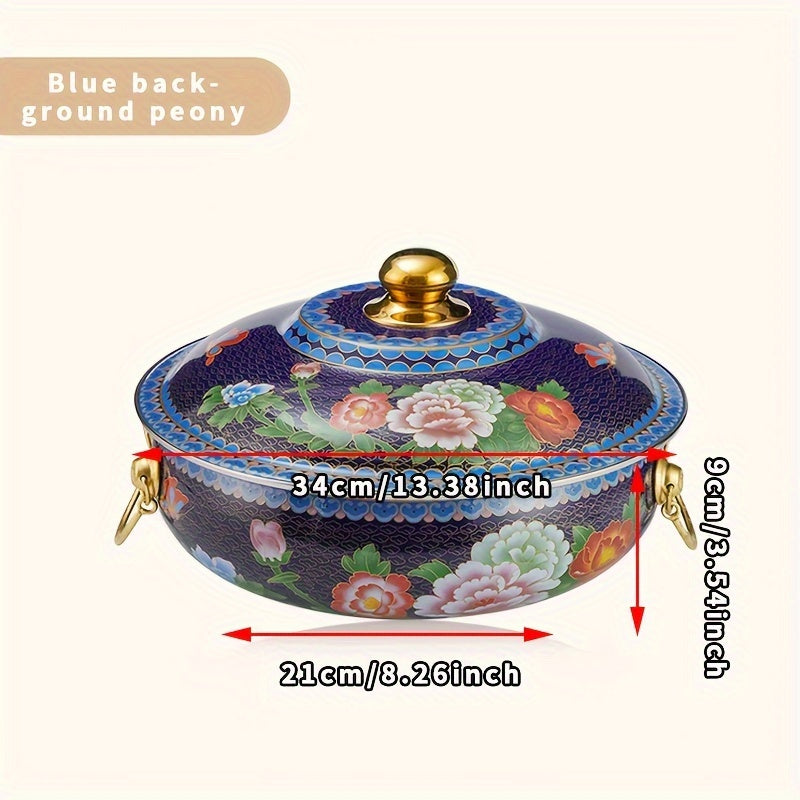 Olla de porcelana esmaltada azul y blanca de 34cm, cocedor de cobre para inducción, seguro para lavavajillas