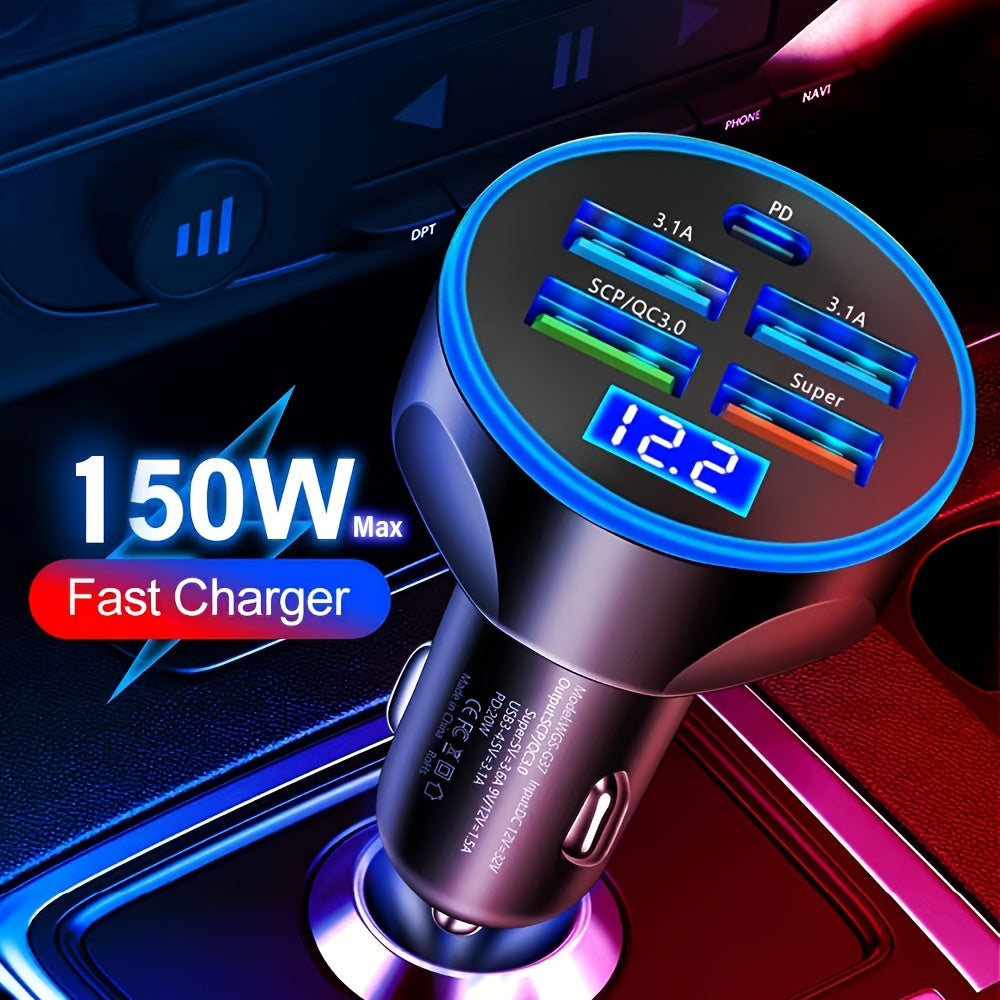 Car Charger 150W Fast Charge 5-in-1 USB Adapter for Phones and Tablets