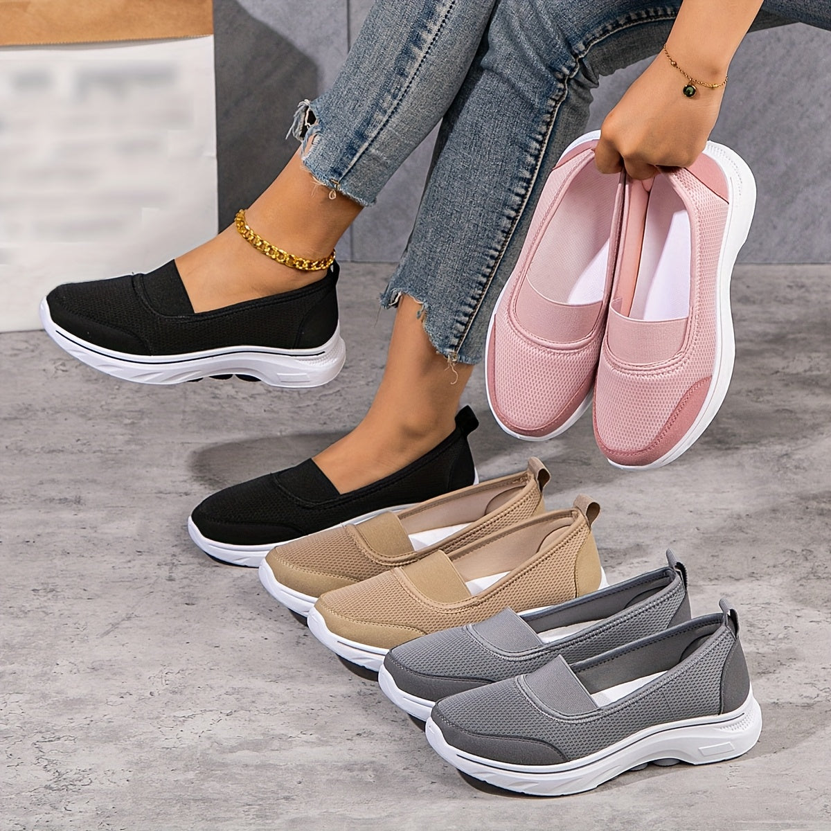 Women's Casual Mesh Slip-On Sneakers, Solid Color, Non-Slip Soft PVC Sole