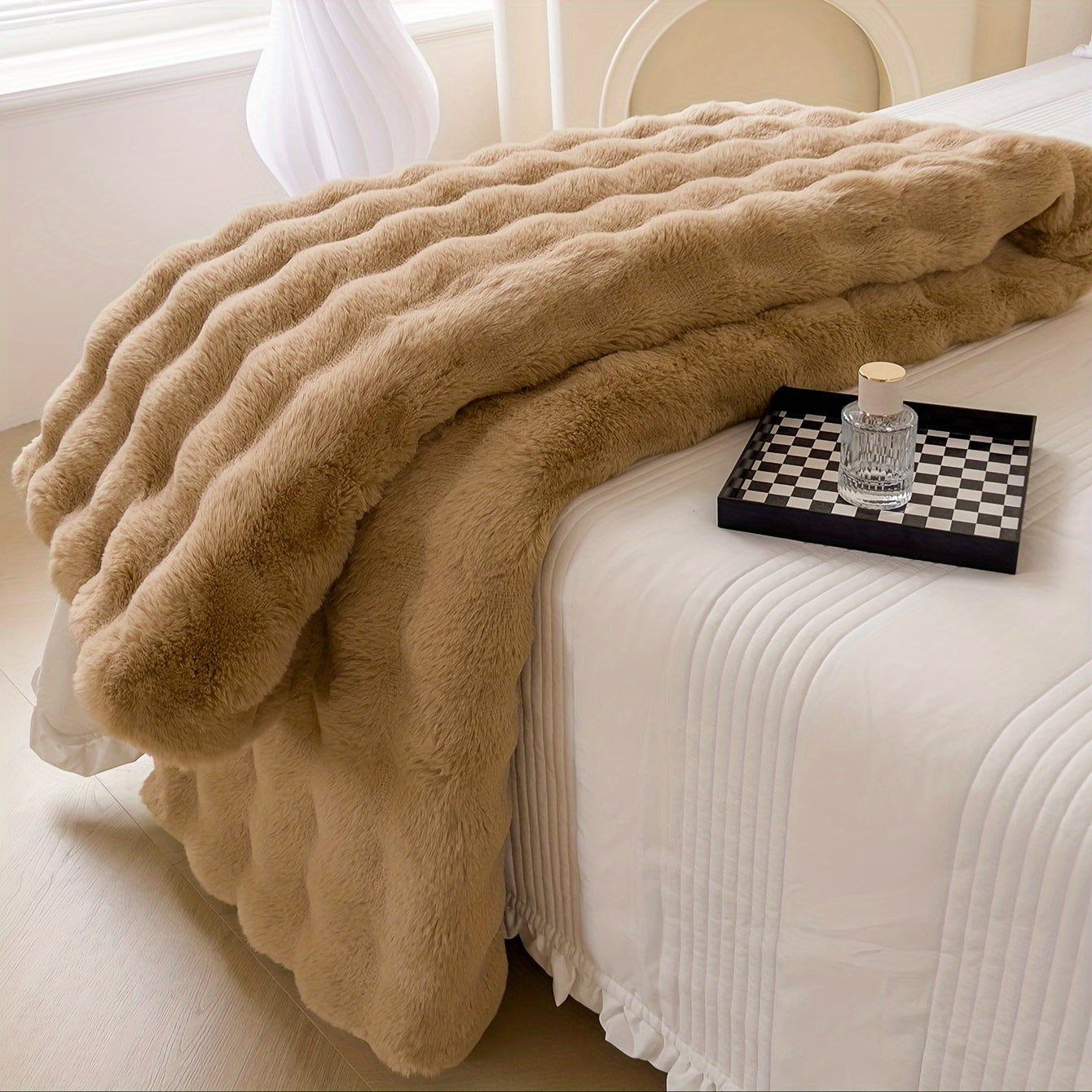 Polyester Faux Rabbit Short Plush Bed Blanket Solid Color Multi-Purpose All Seasons