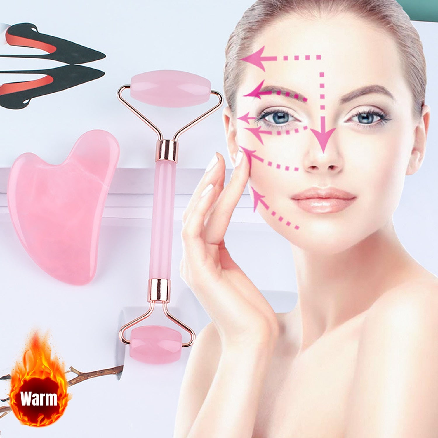 Pushti Jade Yuz Rulosi To'plami, Go'zallik va Salomatlik uchun Qo'l Gua Sha Qirqish Asboblari bilan