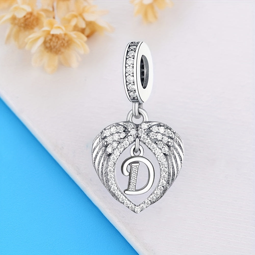 Sterling Silver Heart-Shaped Wing Pendant with Zircon Letter for DIY Jewelry