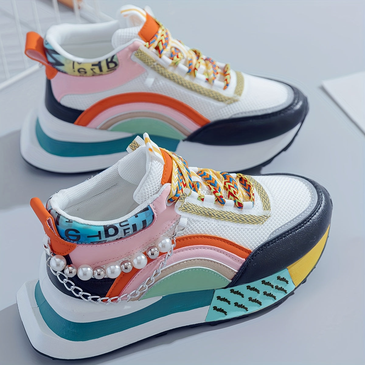 Women’s Fashion Sneakers with Colorful Laces and Bead Embellishments