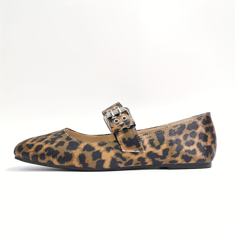 Women's Leopard Print Mary Jane Flats Square Toe Buckle Comfort Shoes