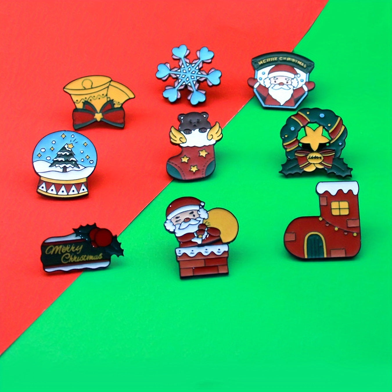 9 ta Rojdestvo broshlari to'plami, Santa, qoraxona, multfilm uslubidagi alloy pinlar, kalitlar va kurtkalar uchun