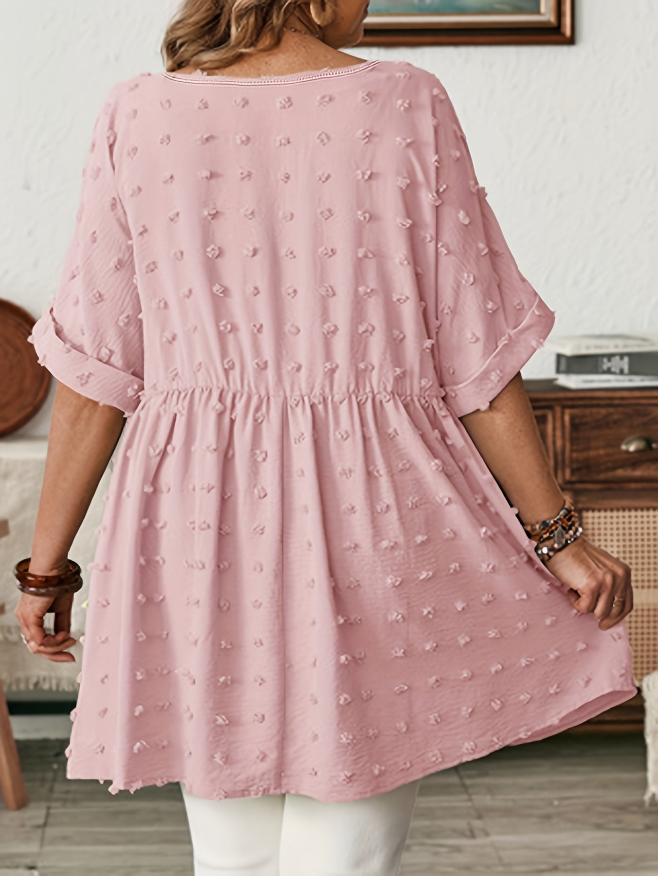 Women's Plus Size V-Neck Batwing Sleeve Blouse Stretchy Polyester Black White Dot