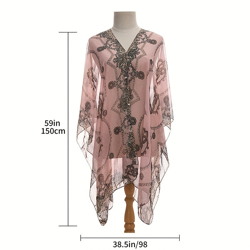 Large Lightweight Imitation Silky Shawl with Letter Chain Stripe Design for Beach and Seaside Travel