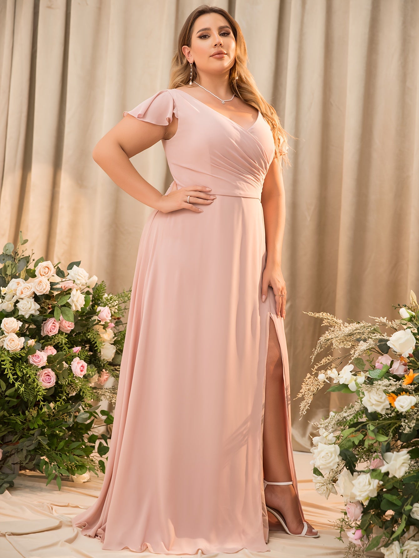 Plus Size Chiffon Bridesmaid Dress with Ruffle Sleeves V-Neck Gown