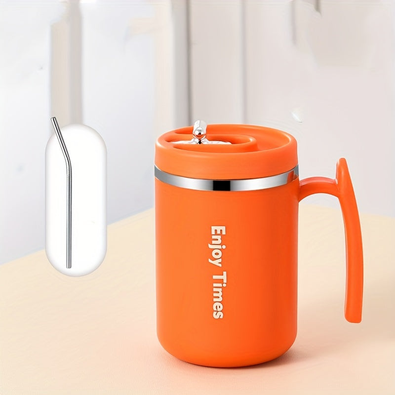 Taza de café de acero inoxidable con asa de pajilla para oficina acampada en naranja azul claro crema