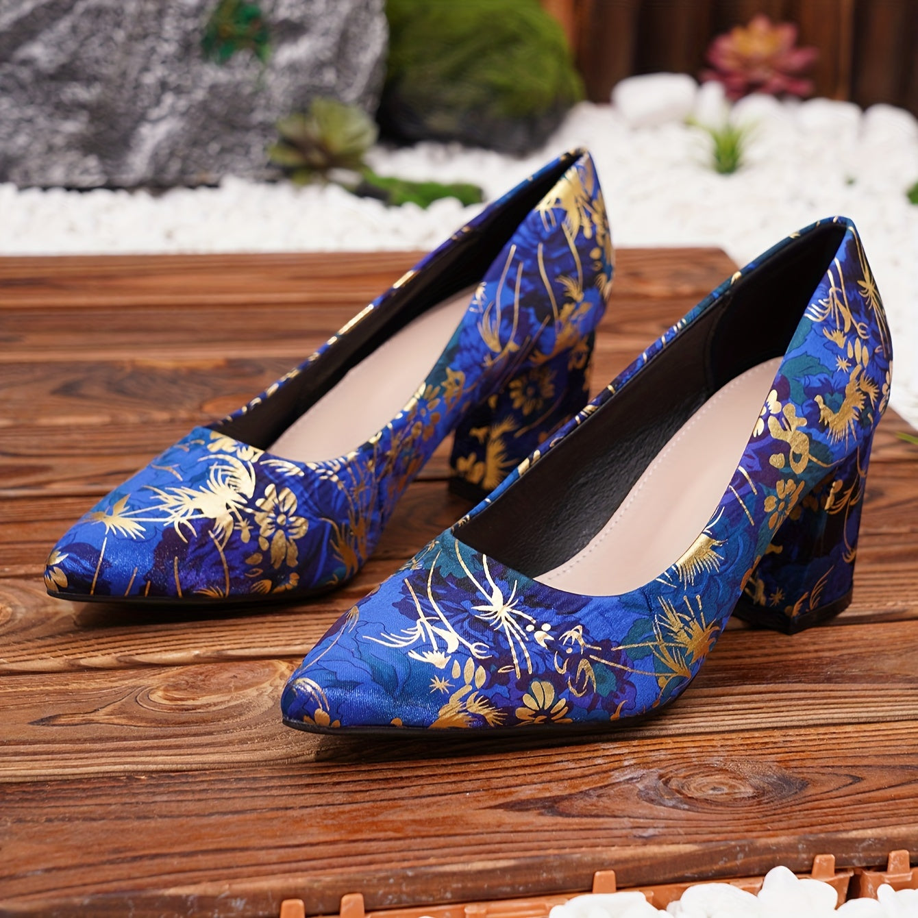 Women's Floral Mary-Jane Pumps with Pointed Toe Block Heel