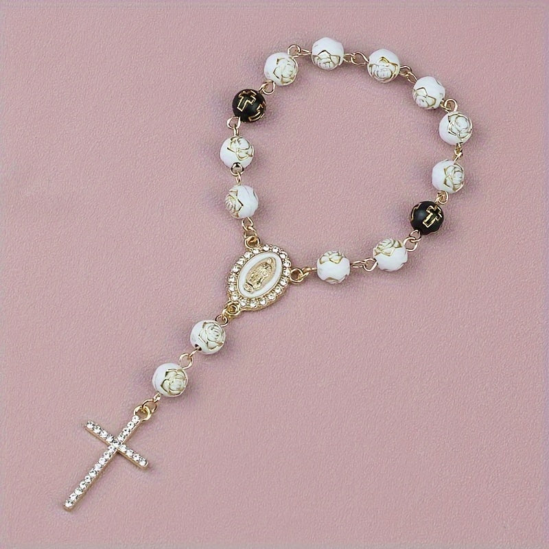 Car Rearview Mirror Beaded Rosary Cross Charm Faux Pearl Alloy Decoration