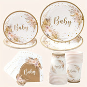 Boho Baby Shower Tableware Kit for 8 Floral Paper Plates Napkins Cups