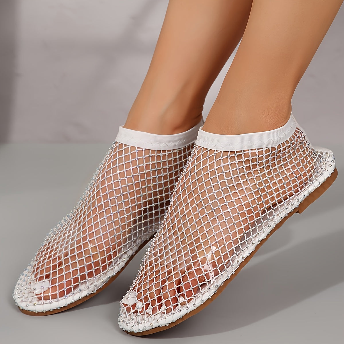 Women's Rhinestone Mesh Flat Shoes with Crystal Embellishments and Rubber Sole