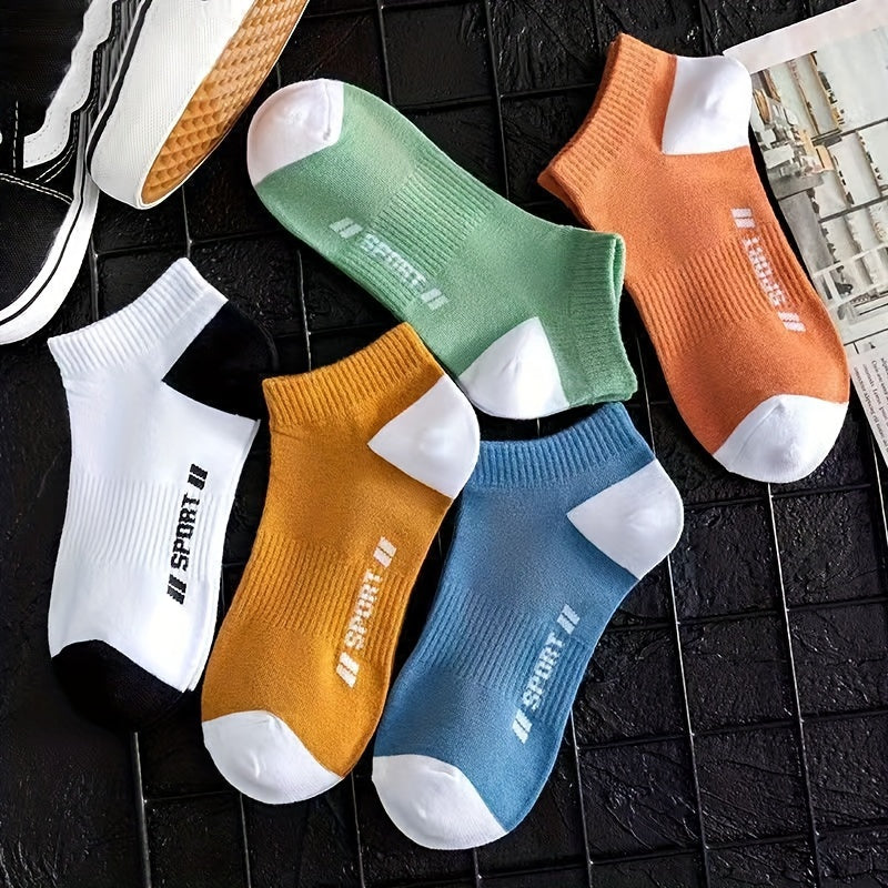 Men's Breathable Polyester Blend Ankle Socks Pack of 5 with Geometric Pattern for Spring and Summer