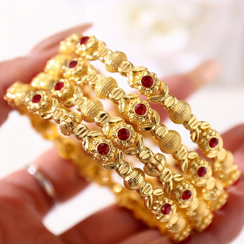 Gold-Tone Cuff Bracelet Set for Women with Red Crystals Open Design Elegant Jewelry