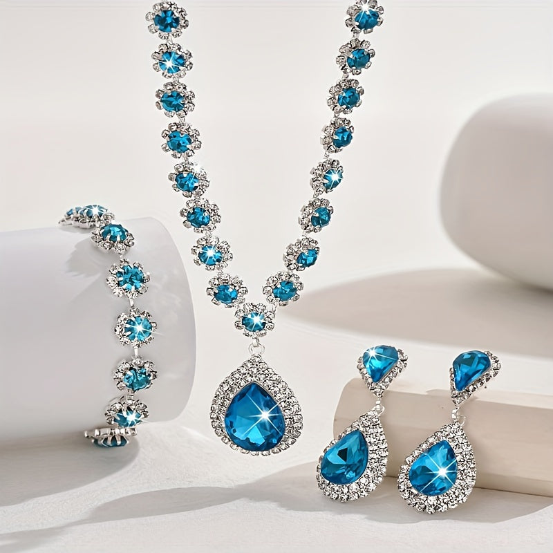 Silver Bridal Jewelry Set with Flower Design Synthetic Diamonds Necklace Earrings Bracelet